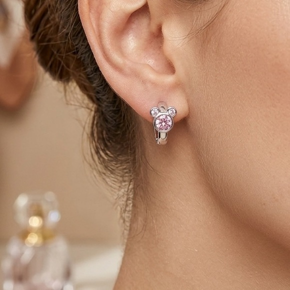 Disney S925 Silver Pink Crystal Mickey Mouse Huggie Hoop Earrings - Picture 3 of 5